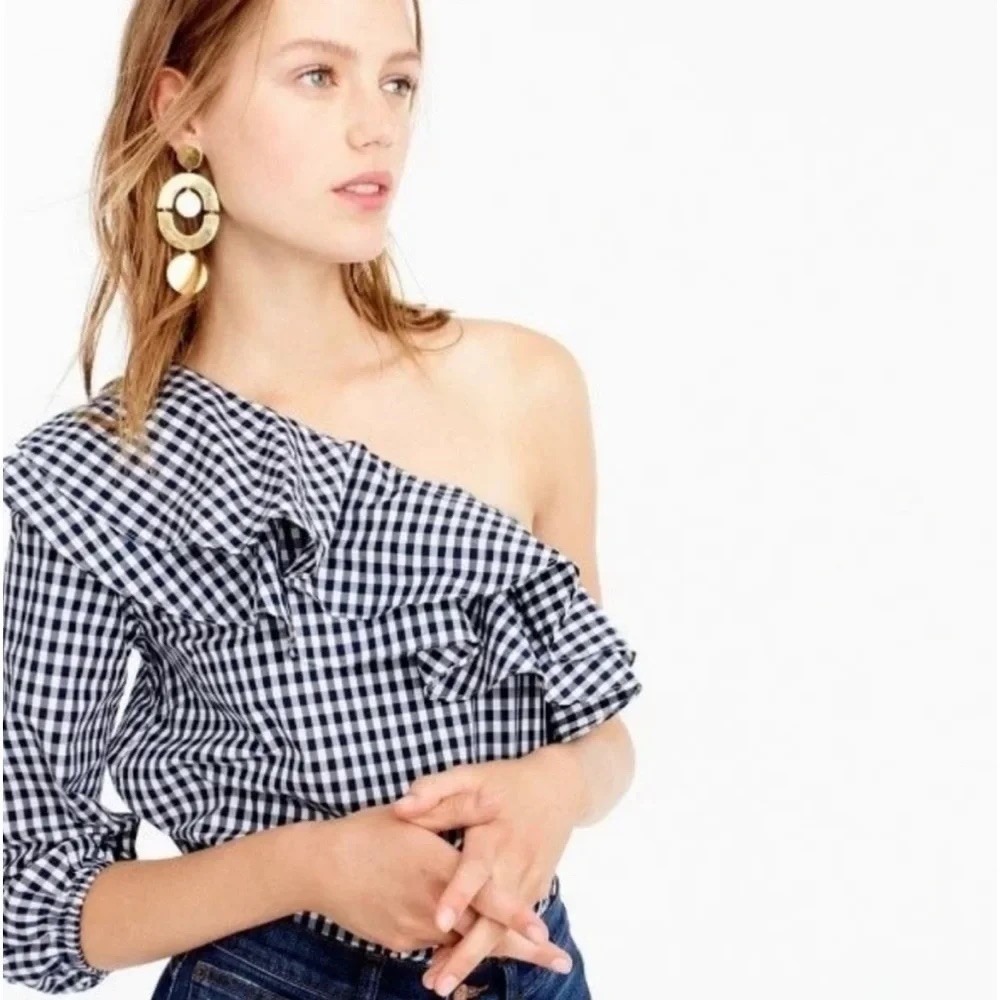 J.Crew Navy‎ Gingham One Shoulder Ruffle Top 6P Long Sleeve Cotton H0961